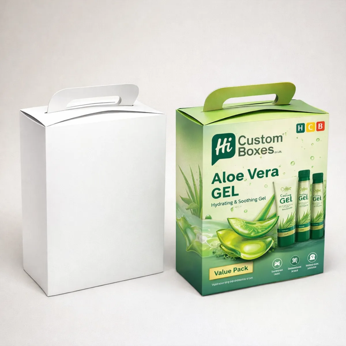 Two large boxes with carry handles: one plain white and one printed with a value pack design. class=